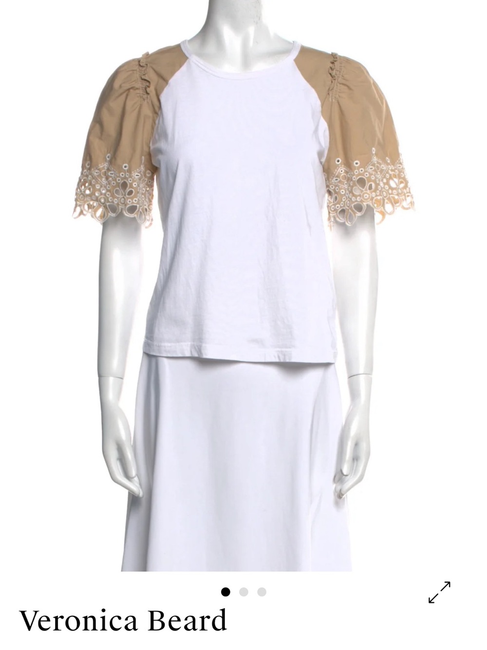 Veronica Beard White Tee with Tan Eyelet Puff Sleeves